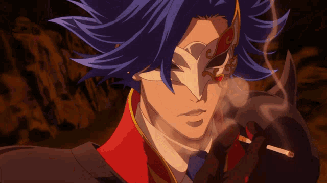 a man with blue hair is smoking a cigarette and wearing a mask