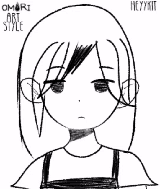 a black and white drawing of a girl with omori art style written on the top