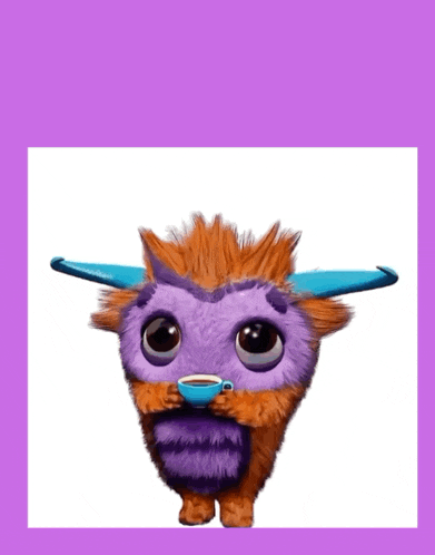 a cartoon character with horns is holding a cup of coffee and the word go is above it