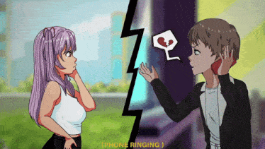 a cartoon of a man talking on a cell phone and a girl looking on