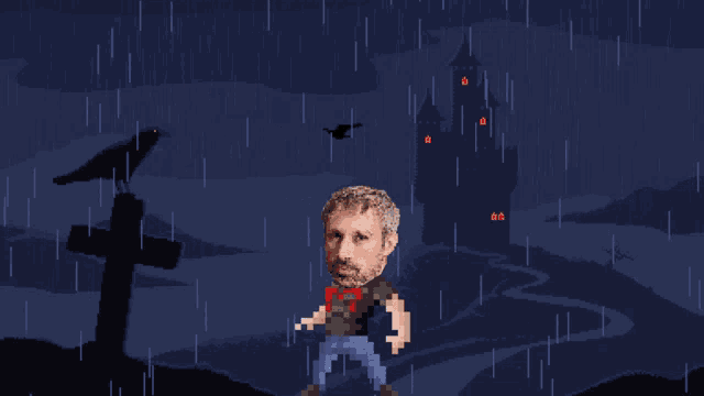 a pixel art drawing of a man standing in the rain with a castle in the background