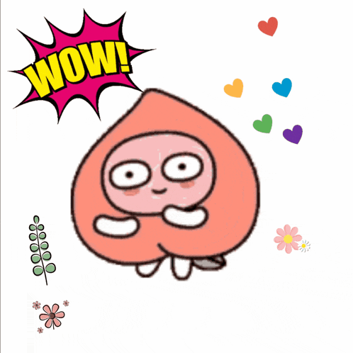 a cartoon of a peach with hearts and flowers and a wow speech bubble