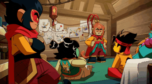 a group of cartoon characters are gathered in a room with papers on the wall