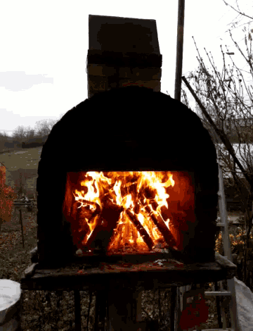 a fire is burning in a fireplace with trees in the background