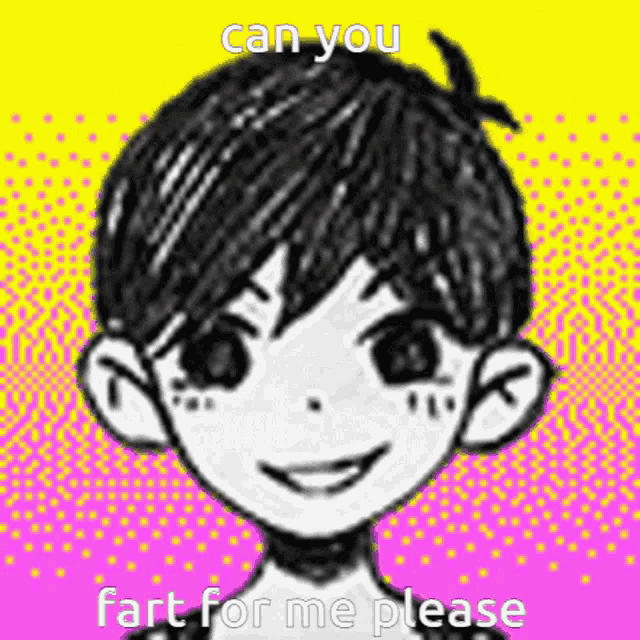 a drawing of a boy with the words `` can you fart for me please '' on it .