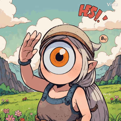 a cartoon drawing of a girl with a big eye and the word hes in red