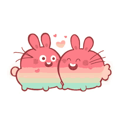 a couple of pink rabbits kissing each other on the cheeks