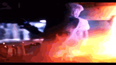 a painting of a person standing in front of flames