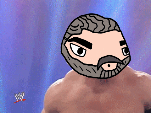 a cartoon drawing of a man with a beard and a w logo