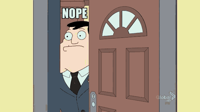 a man in a suit and tie is peeking out of a door that says nope on it