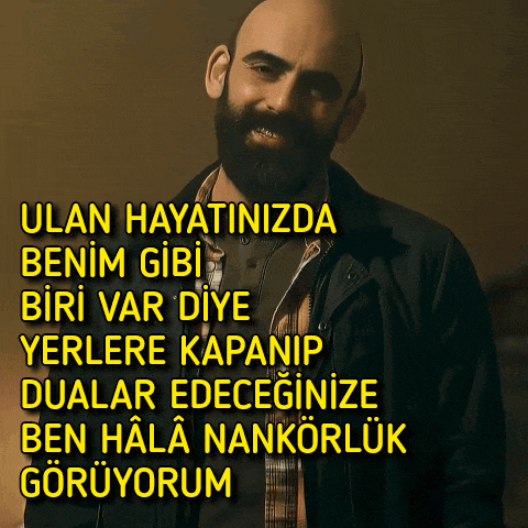 a bald man with a beard is smiling in front of a yellow background that says " ulan hayatinizda benim gibi biri var diye "