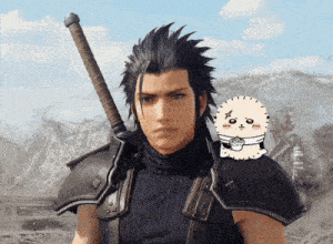 a man holding a sword with a cartoon character on his shoulder