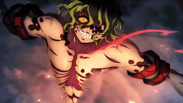 a cartoon character with green hair and red gloves