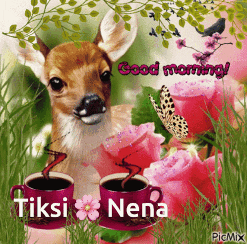 a picture of a deer with two cups of coffee and the words good morning written on it