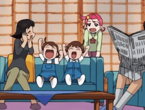 a woman is reading a newspaper while two children laugh on a couch