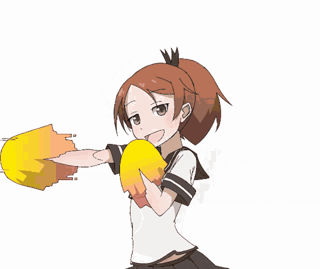 a girl with a ponytail is cheering with two yellow pom poms
