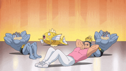 a cartoon of a man doing sit ups with a fish and a kingfisher behind him