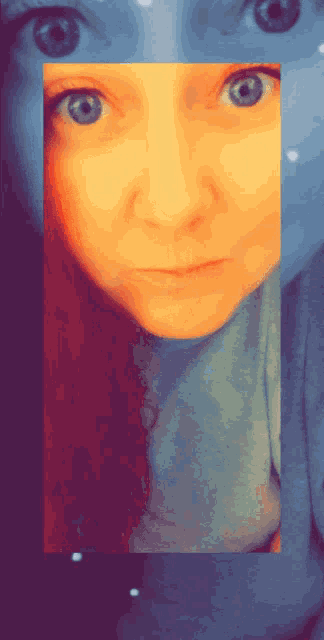 a close up of a woman 's face in a blue frame