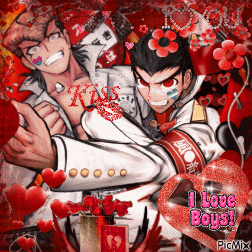 a picture of two anime characters with the words i love boys on it