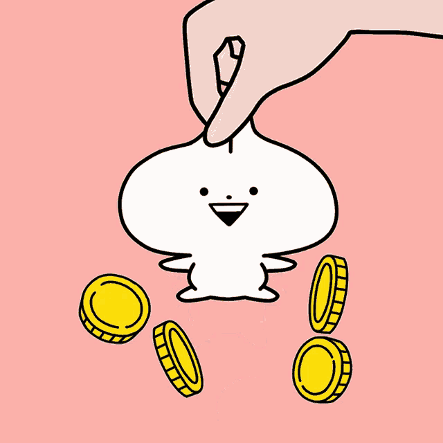 a hand is putting a coin in a cartoon character