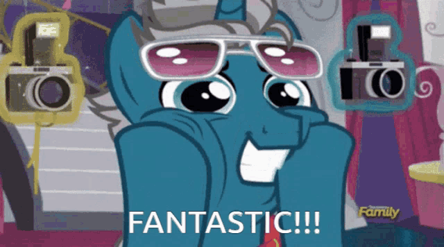 a cartoon pony is wearing sunglasses and says fantastic !!!