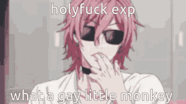a man with pink hair and sunglasses is covering his mouth with his hand and says holy fuck exp what a gay little monkey .