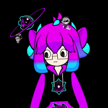 a cartoon girl with purple and blue hair is wearing a purple hoodie