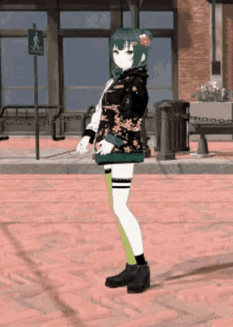 a girl with green hair is standing in front of a green pedestrian sign