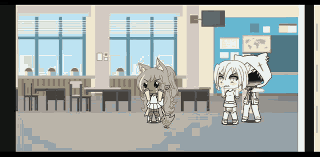 a cartoon of two girls in a classroom with a chicken
