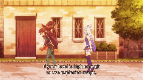 a man and a woman are standing next to each other with the words " if your level is high enough to use explosion magic "