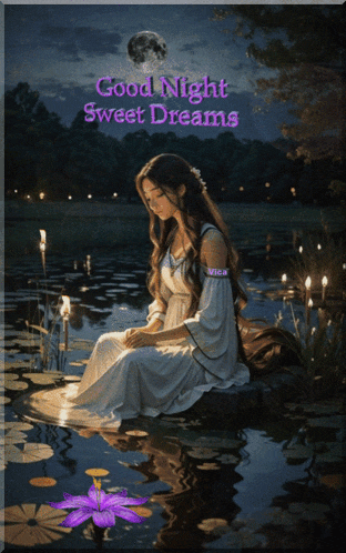 a painting of a woman sitting in a pond with the words good night sweet dreams on the bottom
