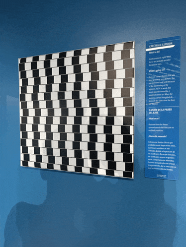 an optical illusion is displayed on a wall with a blue background