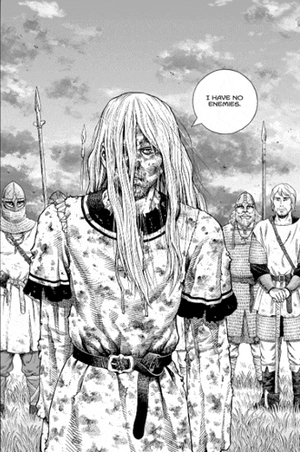 a black and white drawing of a group of soldiers with a speech bubble that says i have no enemies