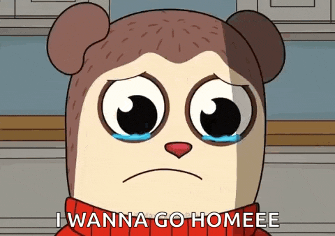 a cartoon bear is crying and says `` i wanna go home '' .