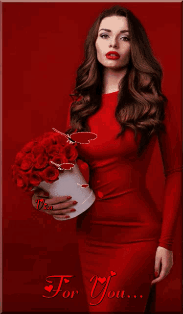 a woman in a red dress is holding a box of red roses with the words " for you " on the bottom