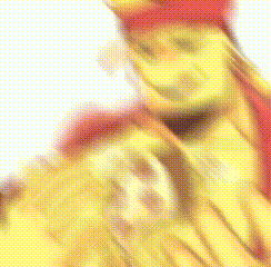 a close up of a person 's face with a yellow and red background
