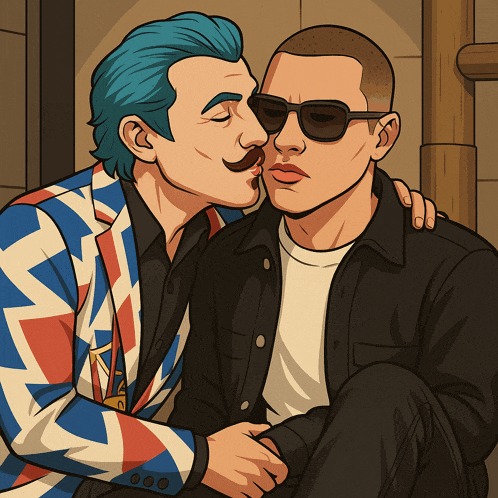 a man with blue hair kisses another man with sunglasses