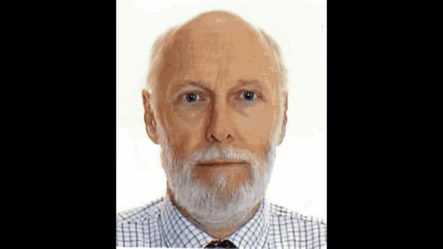 a man with a beard wearing a plaid shirt and tie looks at the camera