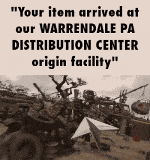a poster says " your item arrived at our warrendale pa distribution center origin facility "