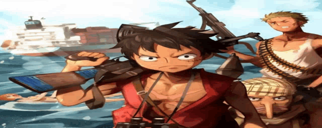 a group of anime characters are standing in the water