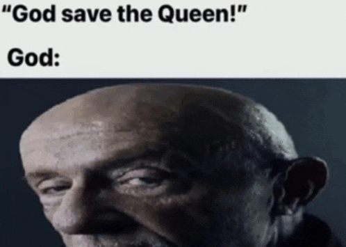 a bald man with a caption that says " god save the queen ! "