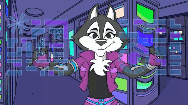 a cartoon of a husky with a purple jacket