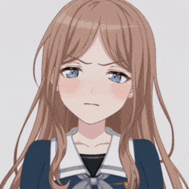 a girl with long brown hair and blue eyes is making a funny face
