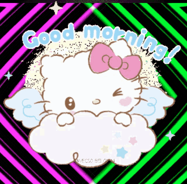 a hello kitty sitting on a cloud with the words good morning written above it
