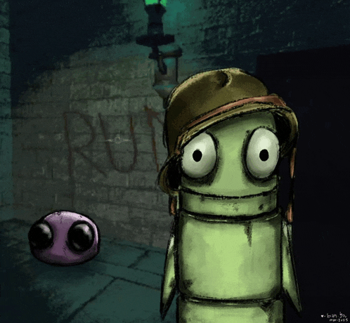 a drawing of a robot and a purple ball with the year 2014 on the bottom left