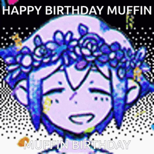 a cartoon character with a flower crown on her head is smiling and says happy birthday muffin muffin birthday .