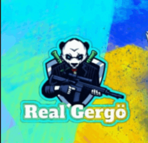 a panda bear is holding a gun in front of a shield with the words real gergo below it .