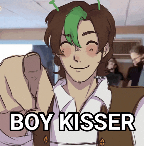a drawing of a man with green hair and the words boy kisser on the bottom