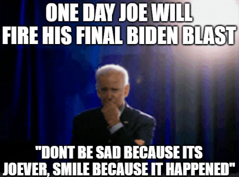 a man in a suit is sitting on a stage with a caption that says one day joe will fire his final biden blast