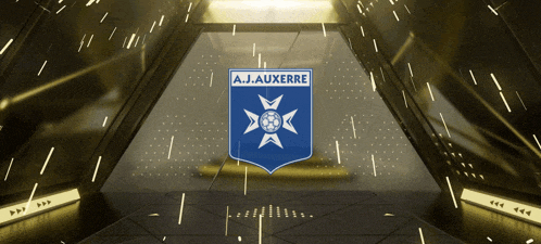 a logo for a.j.auxerre is shown in a futuristic setting